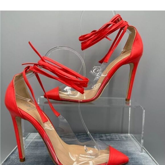 New Brother Vellies De Fleur Ankle Tie Pointed Toe Pumps Red Orange high heels 8 - Picture 6 of 8